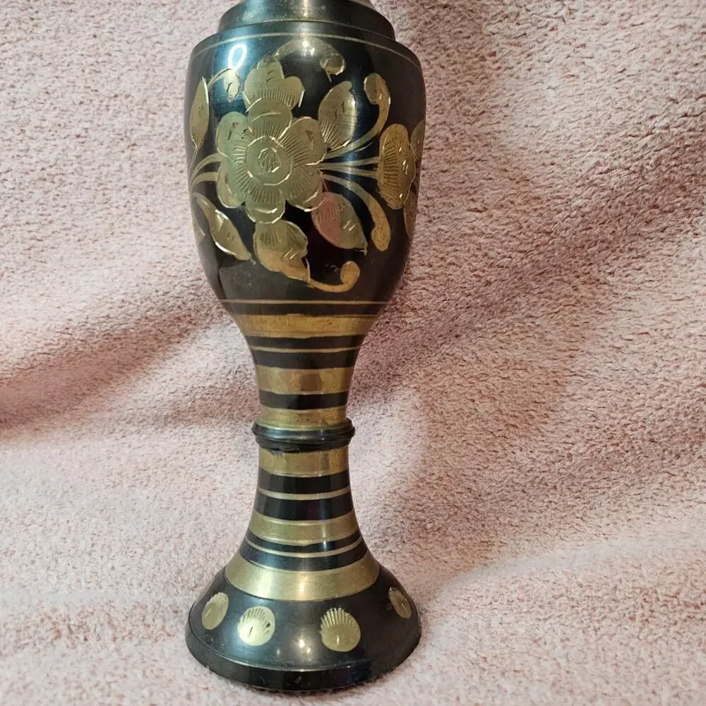 Vintage Etched Solid Brass and Black Enamel Floral Decorative Vase Made in India